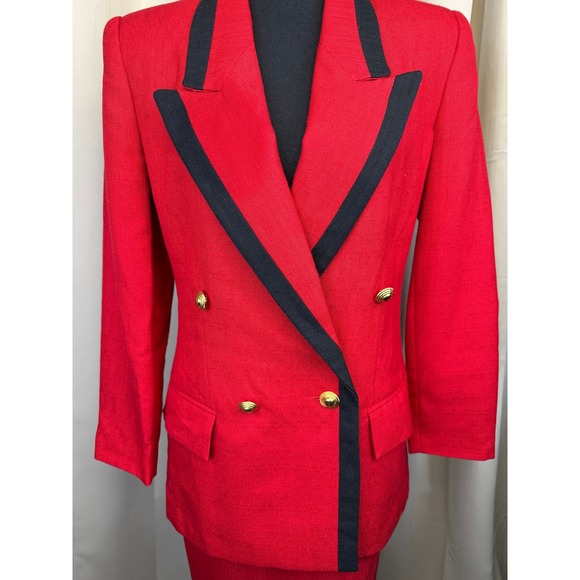 Vintage 80s Sasson Paris New York Red Skirt Power Suit Set Blazer Pencil Skirt 4 - Picture 2 of 13